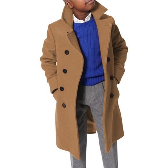 Boys Notch Lapel Double Breasted Jacket Long Trench Dress Coat Classic Peacoat - Picture 1 of 6